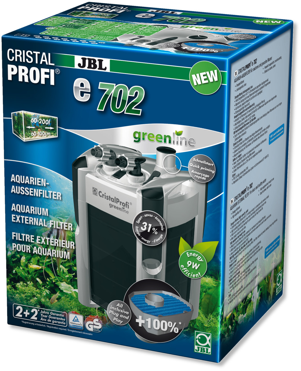 JBL CristalProfi e702 greenline, Außenfilter für 60-200L Aquarien, energieeffizient (9W), 31% Energieersparnis, Plug-and-Play.