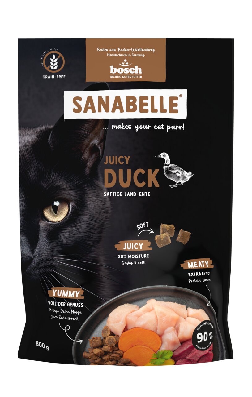 Sanabelle Juicy Duck (Bosch), Nassfutter f. Katzen, getreidefrei, Ente, 90 % tier. Protein, 20 % Feucht., 800 g.