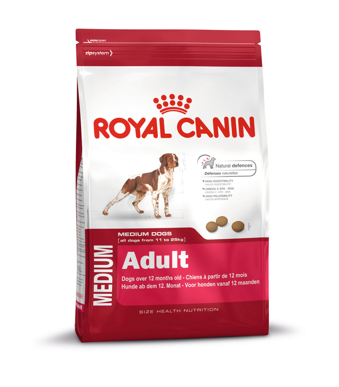 ROYAL CANIN Medium Adult, für mittelgroße Hunde (11–25 kg) ab 12 Mon., 4 kg, fördert Verdauung, stärkt Abwehr, leicht verdaulich.