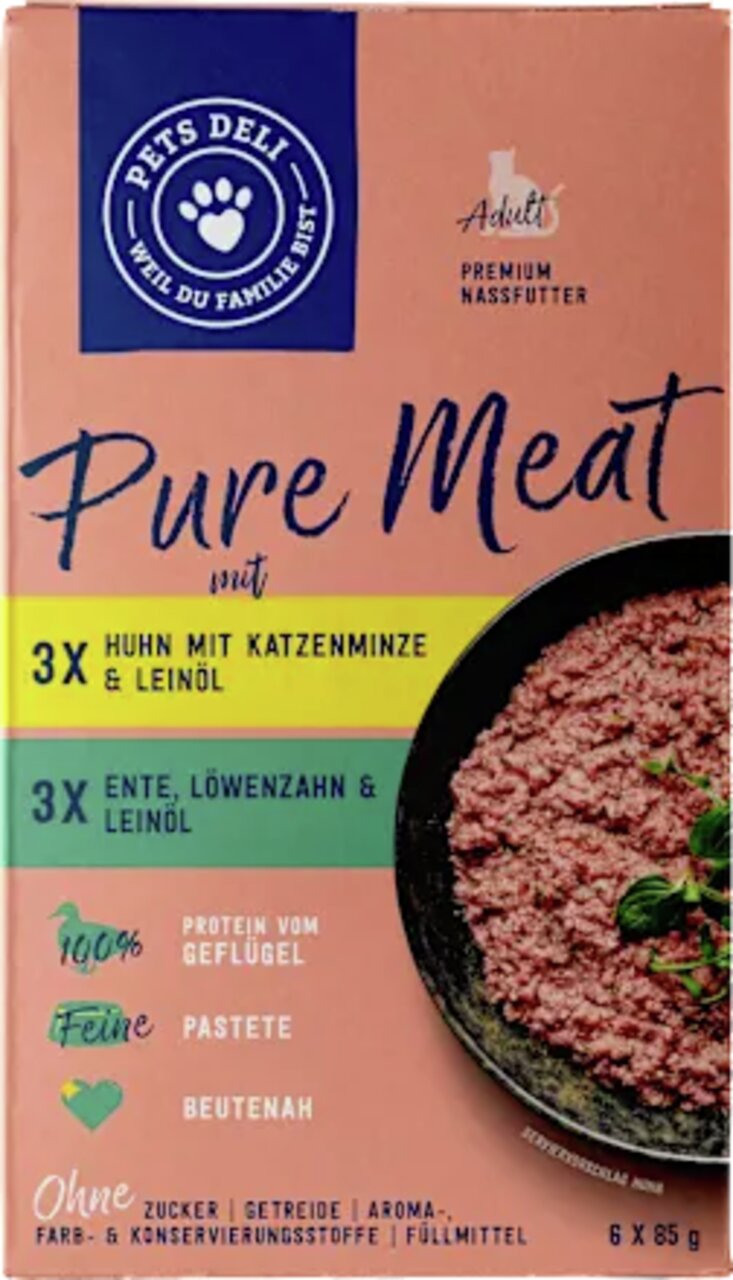 Pets Deli Pure Meat Nassfutter für Katzen, Huhn mit Katzenminze und Leinöl, Ente mit Löwenzahn, 6x85g, ohne Zucker und Getreide.