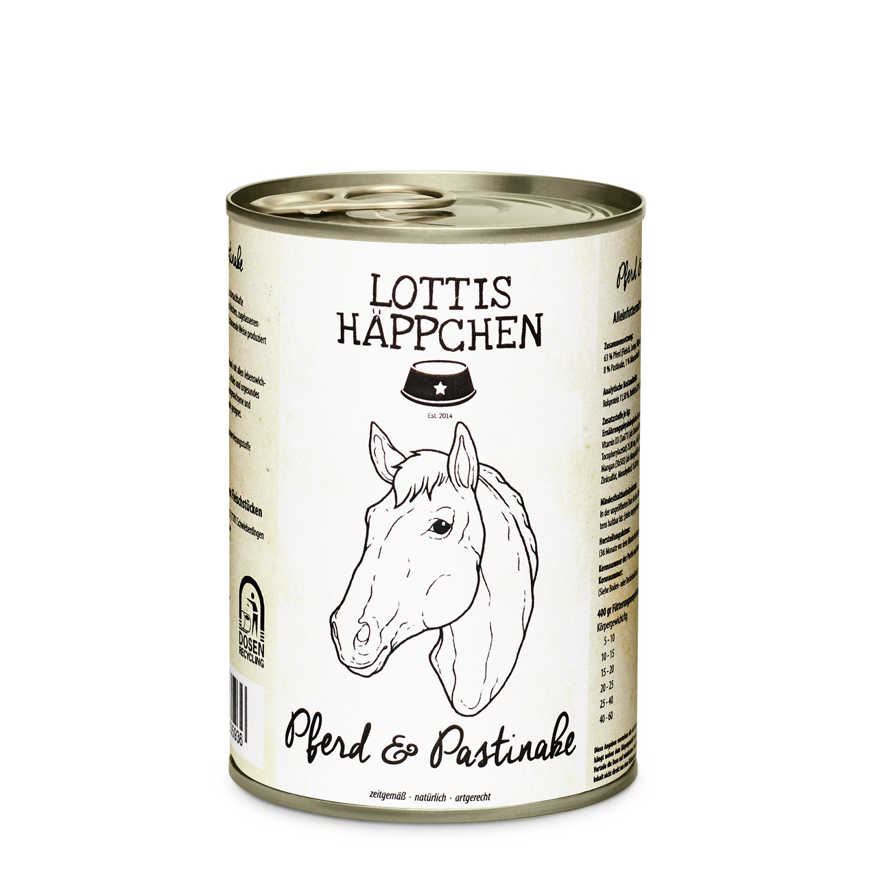 Das Bild zeigt eine Dose des Hundefutters „Lottis Häppchen“ mit der Geschmacksrichtung Pferd & Pastinake. Die Zielgruppe sind Hunde. Die Dose hat ein schlichtes Design mit einer Zeichnung eines Pferdekopfes und enthält 400 g. Das Produkt wird als artgerec