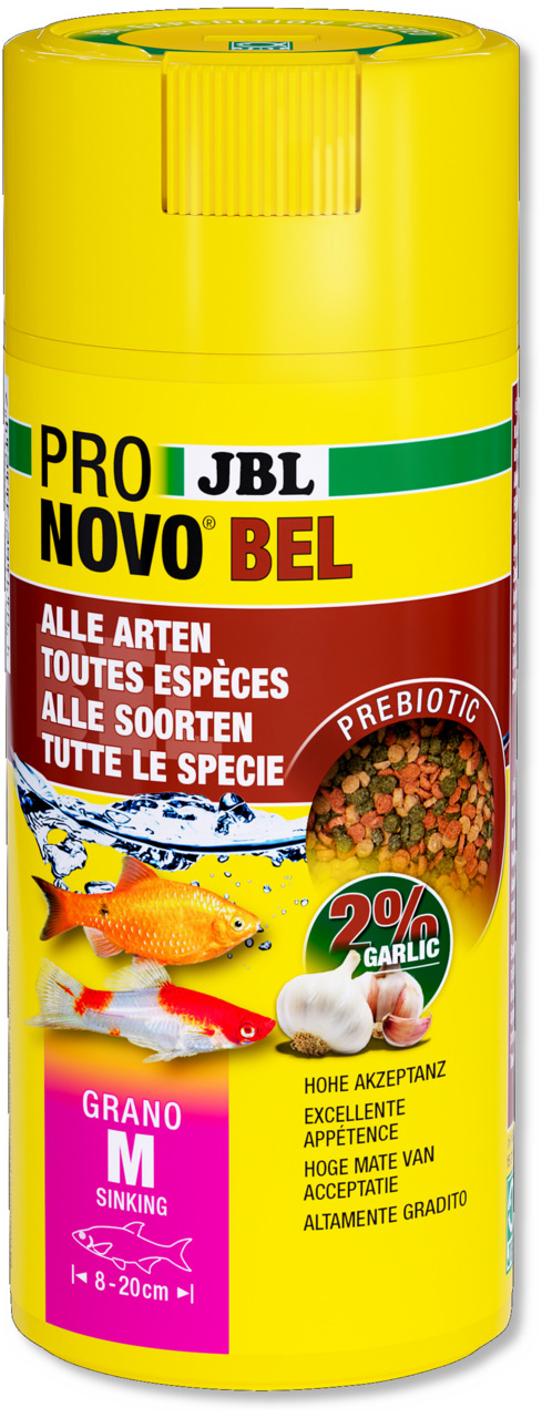 JBL ProNovo Bel Grano M, Fischfutter für Zierfische (8-20 cm), mit 2 % Knoblauch für hohe Akzeptanz. Menge nicht erkennbar.
