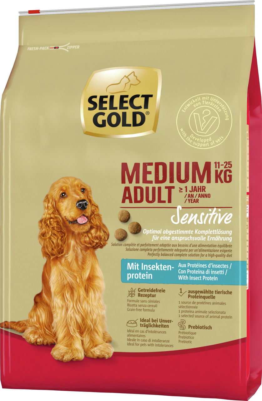 Select Gold Medium Adult Sensitive, mittelgr. Hunde (11-25 kg), Insektenprotein, getreidefrei, präbiotisch, 4 kg, ab 1 Jahr.