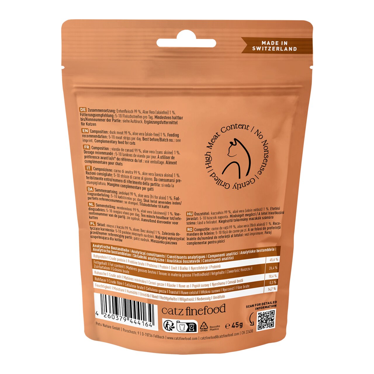 Rückseite einer Verpackung von Catz finefood, Entenfleisch-Snack für Katzen, 45 g, hoher Fleischanteil, hergestellt in der Schweiz.