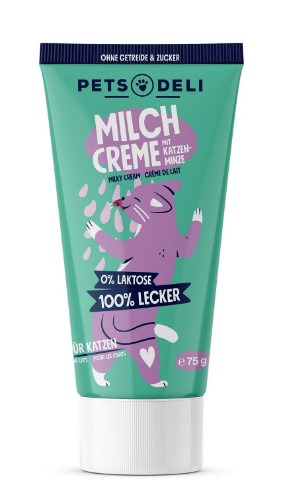 Pets Deli Milchcreme Katzenminze, für Katzen, 0 % Laktose, ohne Getreide-Zucker, 100 % lecker, 75 g.