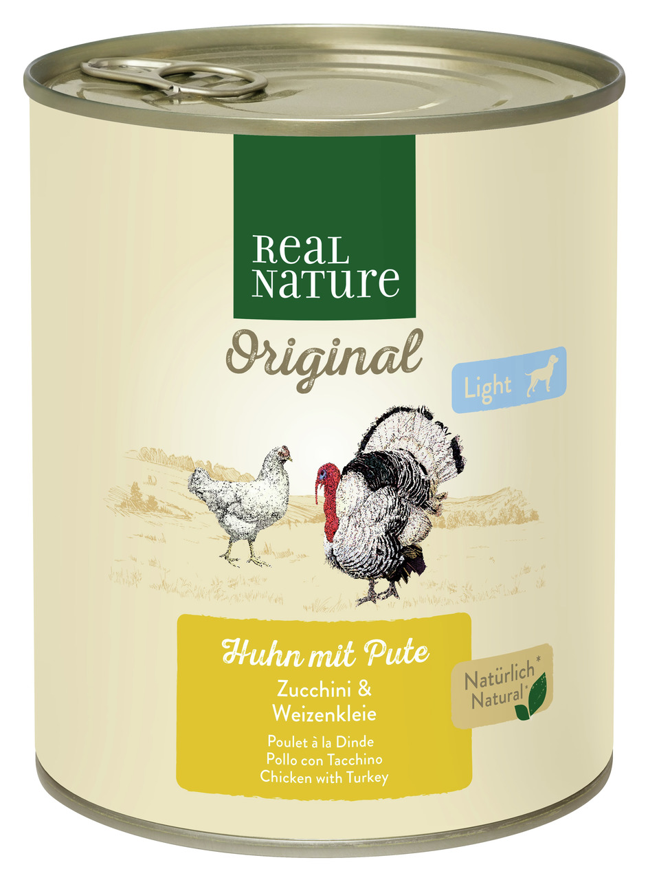 REAL NATURE Original Light Hundefutter, Huhn & Pute mit Zucchini & Weizenkleie, 400 g, natürliche Inhaltsstoffe.