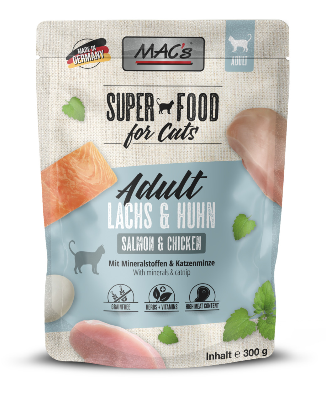 MAC's Super Food for Cats Adult Lachs & Huhn, für erw. Katzen, getreidefrei, mit Vitaminen, Kräutern, Katzenminze, 300 g.