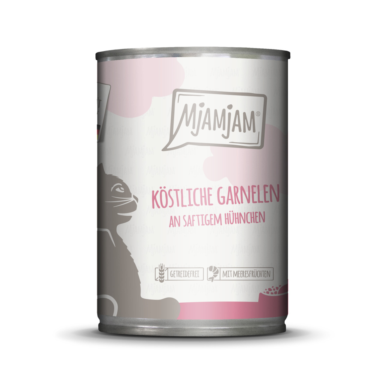 Mjamjam Katzenfutter, Köstliche Garnelen & Hühnchen, 400 g, getreidefrei, für Katzen, mit Meeresfrüchten, Katzenmotiv.