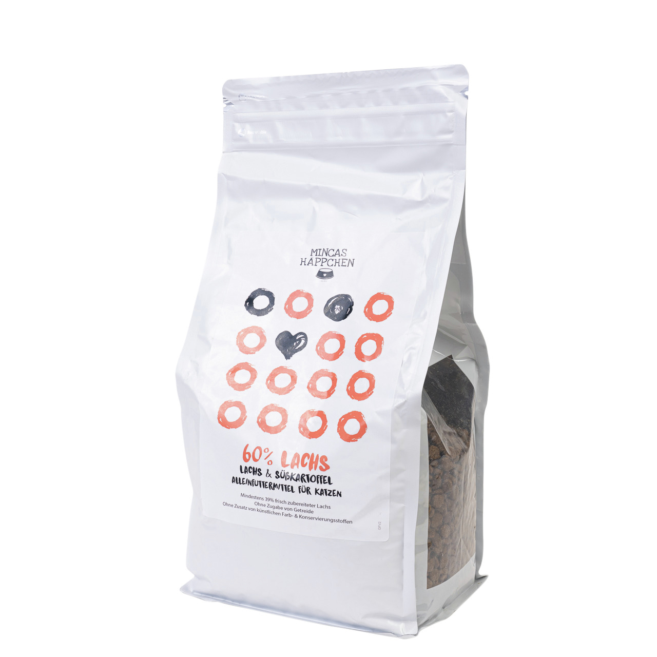 Mincas „MINCAS HÄPPCHEN“ Katzenfutter, Alleinfutter, Lachs & Süßkartoffel, 60 % Lachs, ohne künstl. Farb-/Konservierungsstoffe.