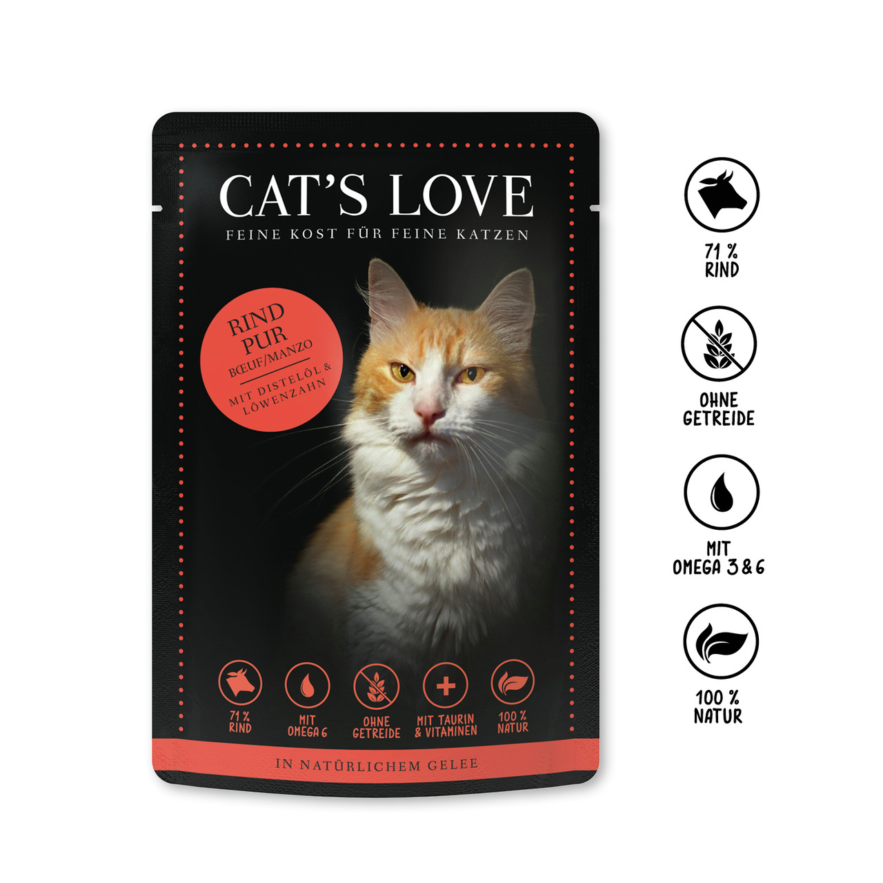 Sparpaket 24 x 85 g Cat's Love Adult Rind pur mit Distelöl & Löwenzahn Katzen Nassfutter