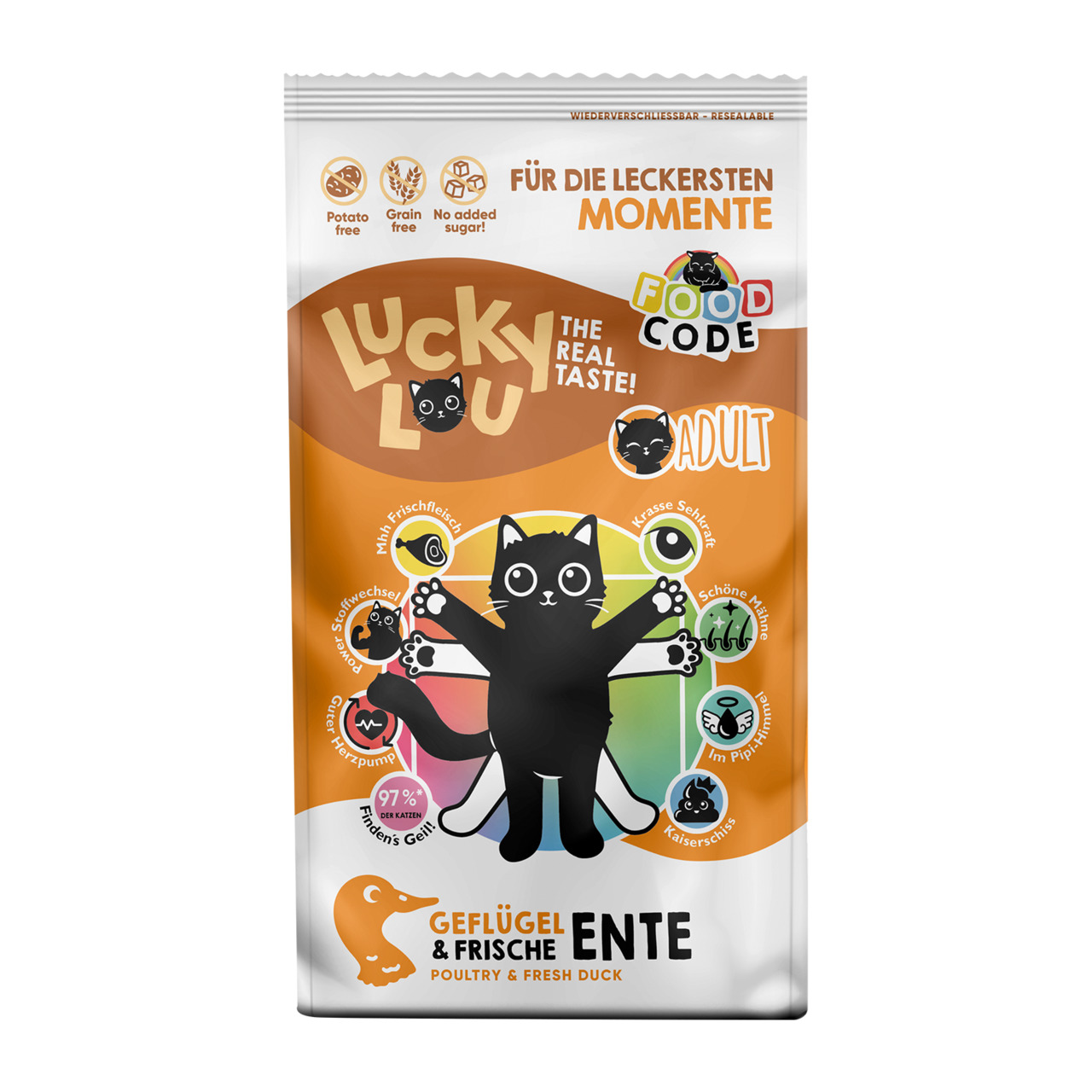 Das Bild zeigt eine Verpackung des Katzenfutters „Lucky Lou – Geflügel & Frische Ente“ für ausgewachsene Katzen (Adult). Die Marke „Lucky Lou“ wirbt mit frischem Fleisch, 97 % tierischen Proteinen und ohne Getreide, Kartoffeln oder Zuckerzusatz. Die Gesch