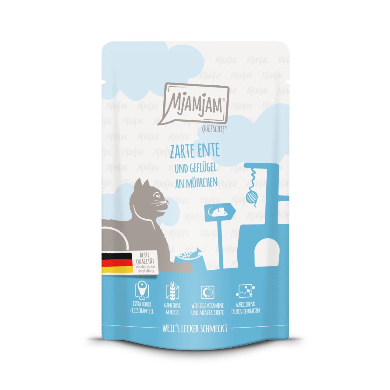 Mjamjam Quetschie Zarte Ente & Geflügel an Möhrchen, für Katzen, Ente-Geflügel-Karotten, hoher Fleischanteil, getreidefrei, 85g.