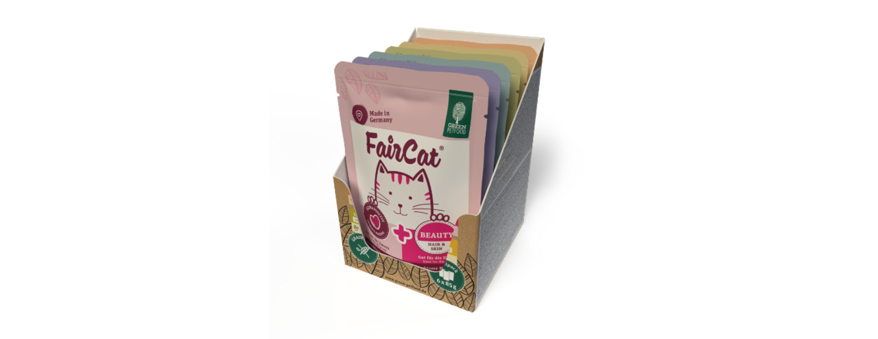 Green Petfood FairCat Beauty Nassfutter f. Katzen, Huhn, 85 g, Haut+Fell, erw. Katzen, umweltfreundl. Box, Made in Germany.