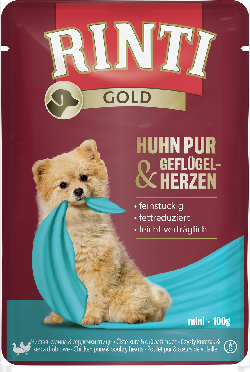 RINTI Gold Huhn pur & Geflügelherzen, für kleine Hunde (mini), 100 g, feinstückig, fettreduziert, leicht verträglich.