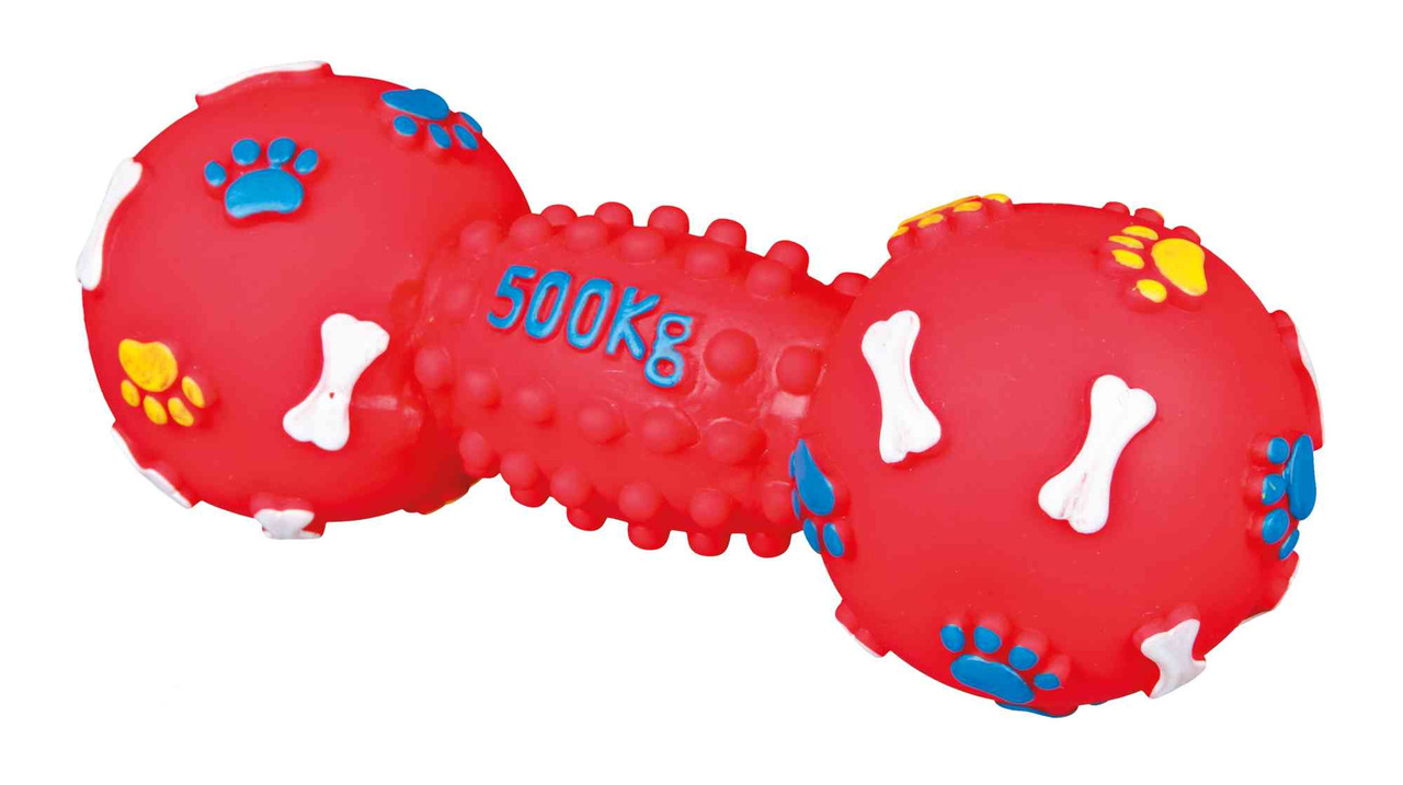 TRIXIE Hantel-Spielzeug für Hunde, robust, mit Pfoten- & Knochenmotiven, „500 KG“, ideal für Kauspiel & Training, Länge ca. 12 cm.