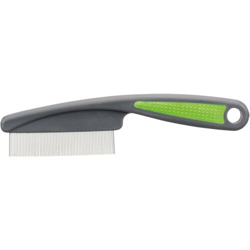 TRIXIE Flohkamm für Hunde & Katzen, feine Metallzinken zur Floh-/Eientfernung, ergonom. Griff (grau/grün), komfortable Handhabung.