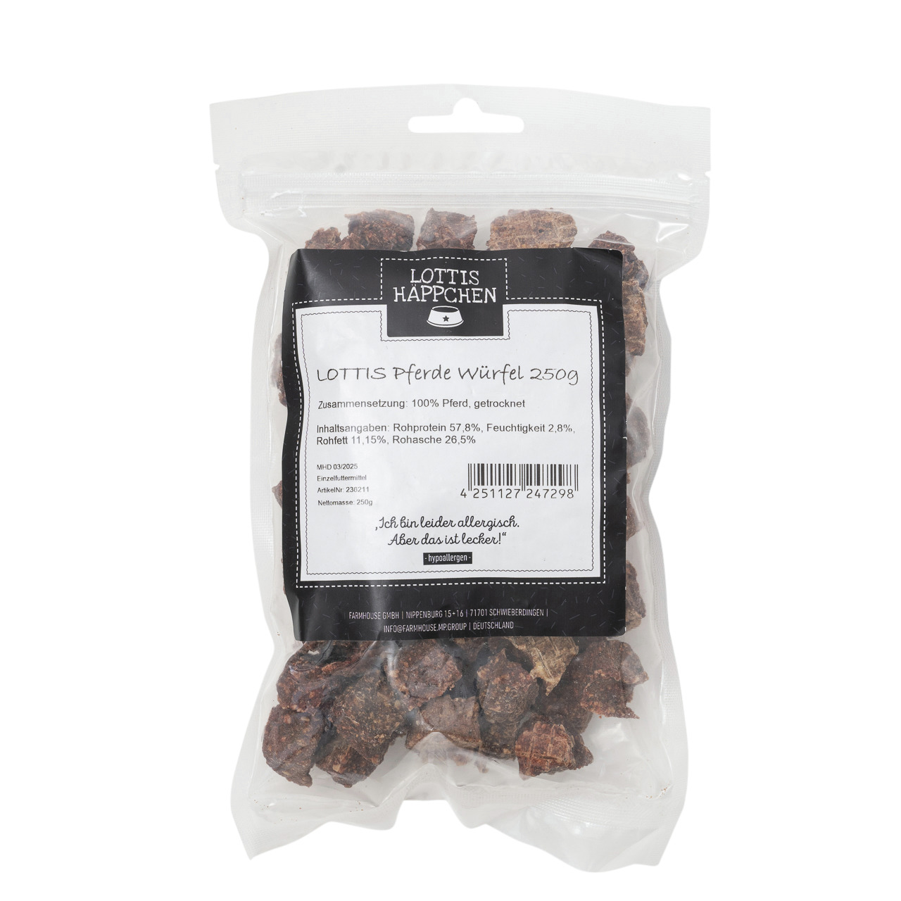 Das Bild zeigt eine transparente Verpackung mit der Aufschrift „LOTTIS HÄPPCHEN Pferde Würfel 250g“. Es handelt sich um hypoallergene Hundesnacks aus 100 % getrocknetem Pferdefleisch, speziell für allergische Hunde. Die Verpackung enthält 250 g und hebt d