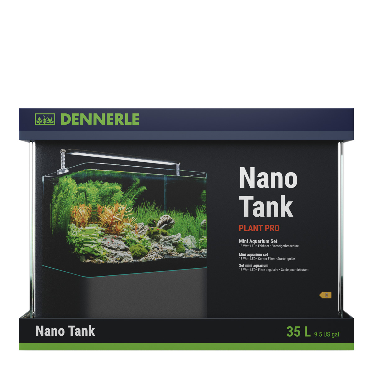 Das Bild zeigt das Produkt "DENNERLE Nano Tank Plant Pro", ein Mini-Aquarium-Set für Aquaristik-Enthusiasten. Es ist für Pflanzenliebhaber geeignet und enthält eine 18-Watt-LED-Beleuchtung, einen Eckfilter und eine Einsteigerbroschüre. Das Aquarium hat ei