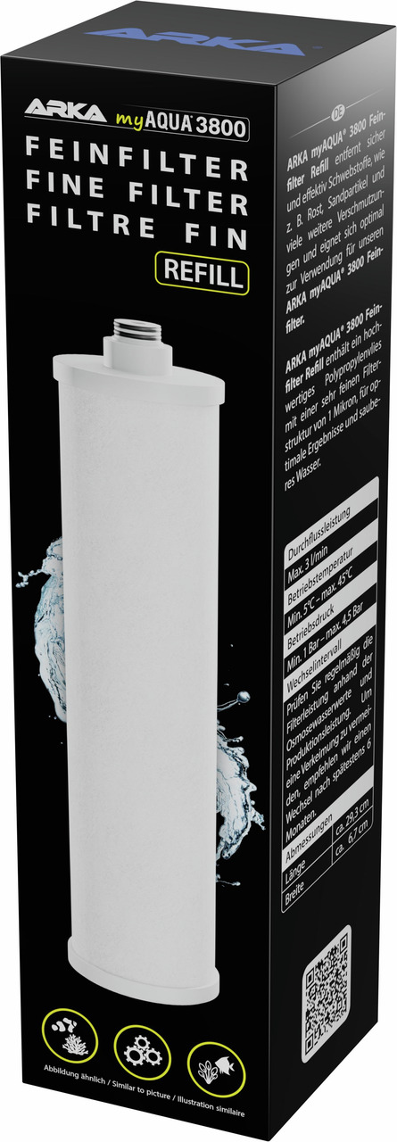 ARKA myAQUA 3800 Feinfilter Refill, Nachfüllprodukt f. Wasserfilter, effektive Schadstoffentfernung, weißer Filter, schwarze Verpackung.