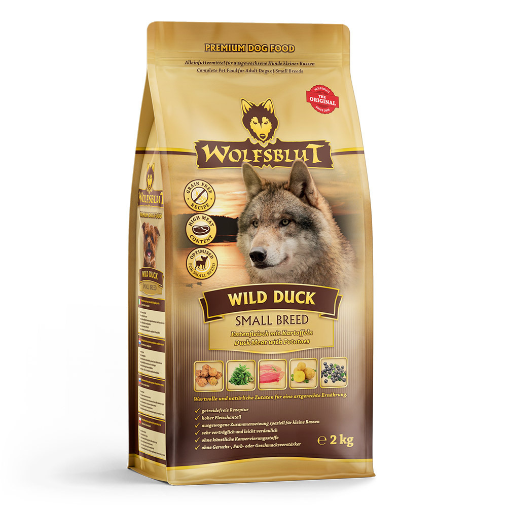 WOLFSBLUT Wild Duck Small Breed, 2 kg, Trockenfutter f. kleine Hunde, getreidefrei, Entenfleisch & Kartoffeln, reich an Fleisch.
