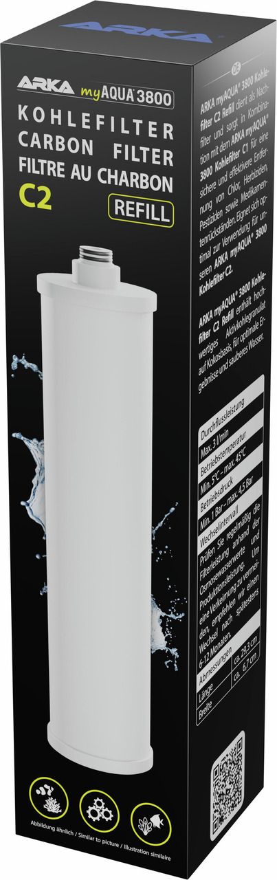 Das Bild zeigt den ARKA myAQUA 3800 Kohlefilter C2 Refill, eine Nachfüllkartusche für Wasserfilter. Der Filter ist für Aquarienbesitzer geeignet und dient der Entfernung von Schadstoffen aus dem Wasser. Die Verpackung ist schwarz mit gelben und weißen Sch