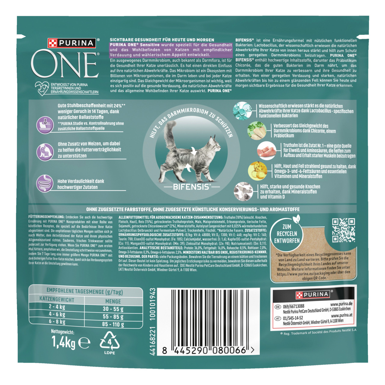 Purina ONE Sensitive, erw. Katzen, Truthahn, 1,4 kg, unterstützt Darmgesundheit & stärkt Abwehrkräfte.