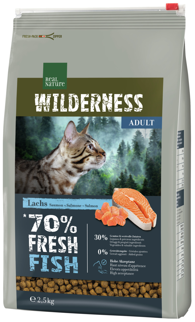 REAL NATURE WILDERNESS Adult Katzenfutter, Lachs, 2,5 kg, 70 % Fisch, 30 % Gemüse, 0 % Getreide, hohe Akzeptanz.