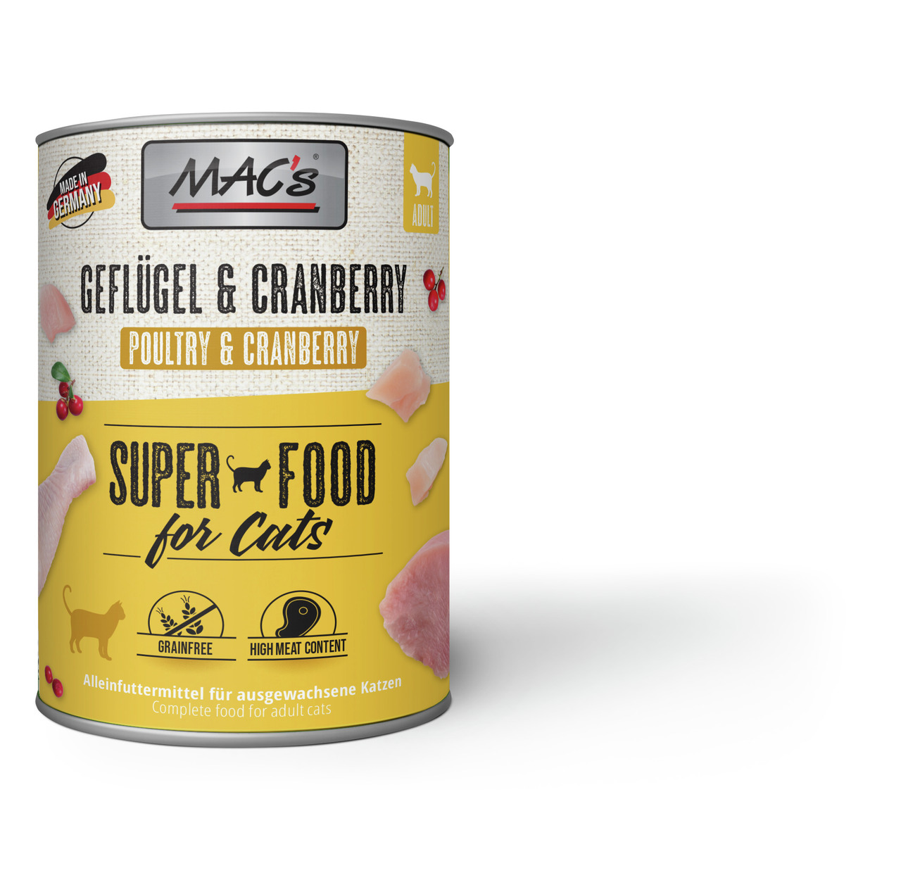 MAC's Geflügel & Cranberry, Alleinfutter f. erw. Katzen, getreidefrei, hoher Fleischanteil, Geschm.: Geflügel & Cranberry.
