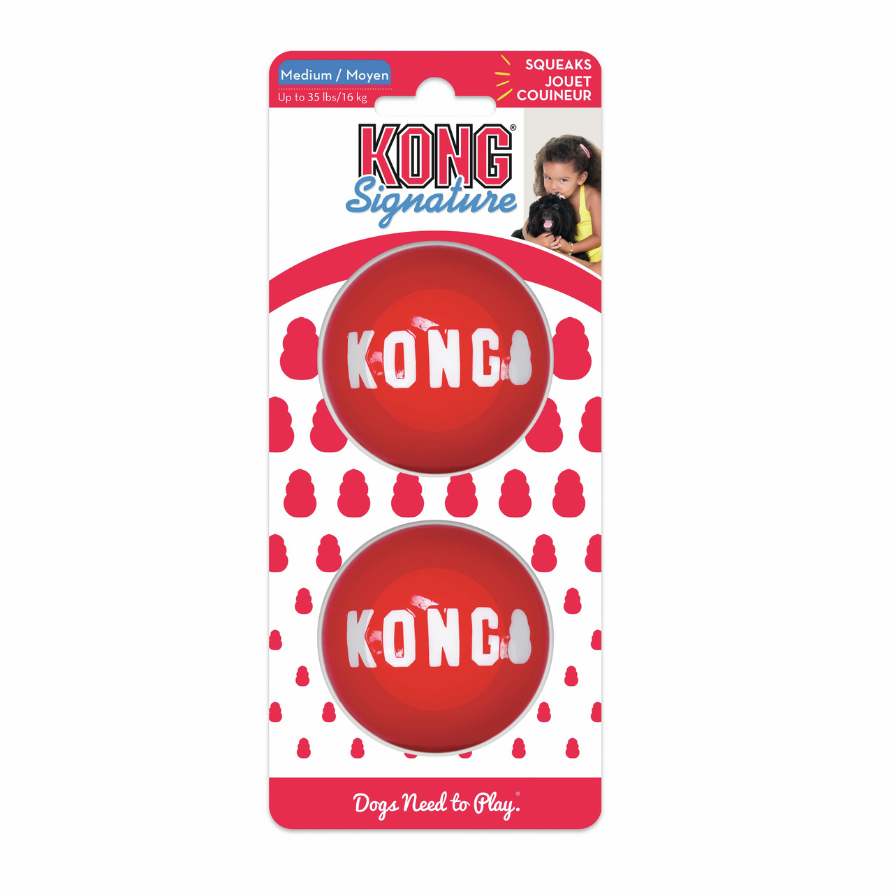 KONG Signature Spielbälle Medium, Hunde bis 16 kg, rot, 2 Stk., quietschend, fördern aktives Spiel, „Dogs Need to Play“-Slogan.