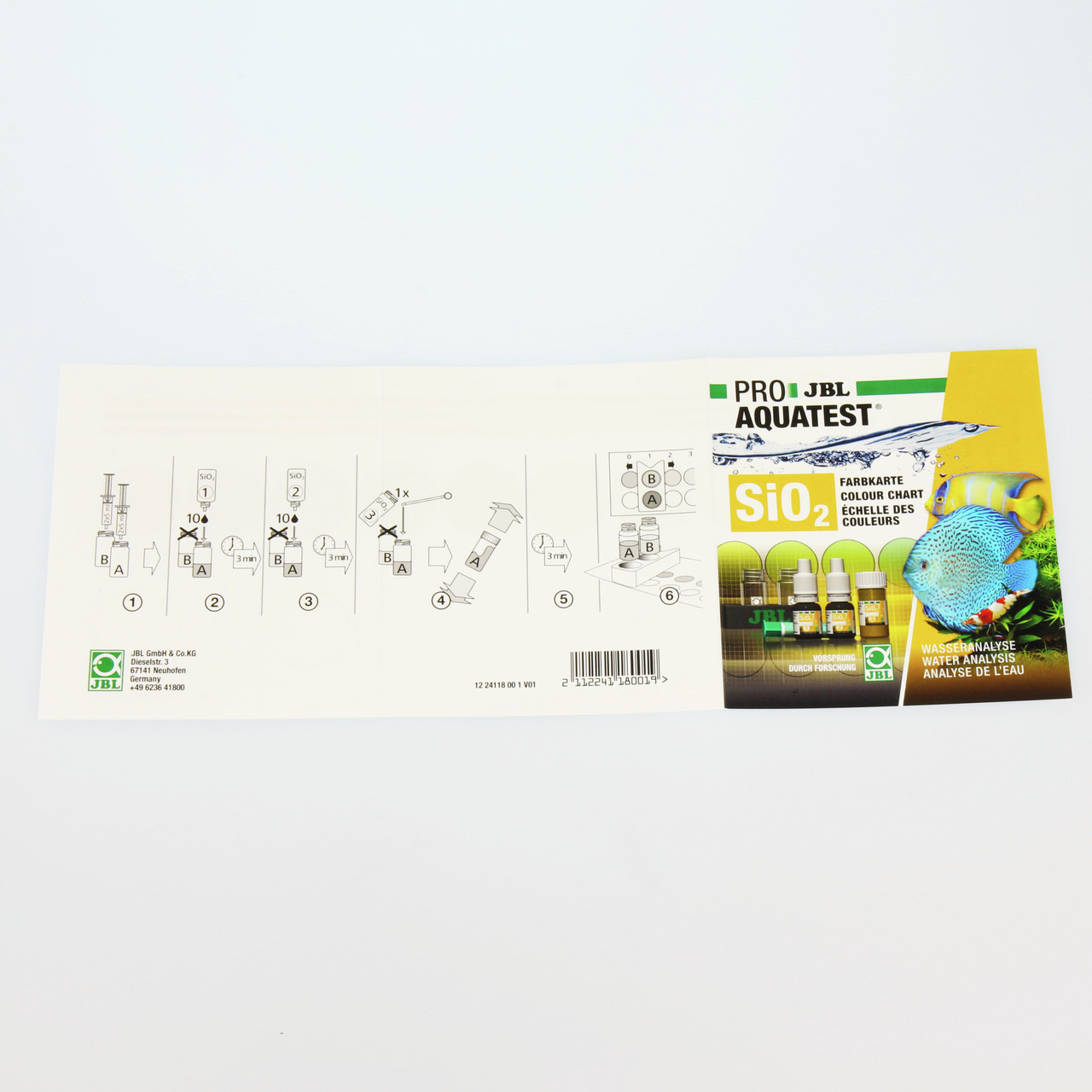 JBL ProAquaTest SiO2, Wasseranalyse für Aquarienbesitzer, misst Silikatgehalt. Enthält Farbtabelle, Reagenzien, Anleitung.