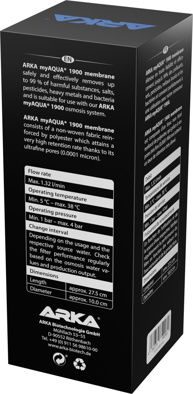 ARKA myAQUA 1900 Membran für Osmoseanlagen, für Aquaristik, entfernt Schadstoffe und Bakterien, max. 1,32 l-min.