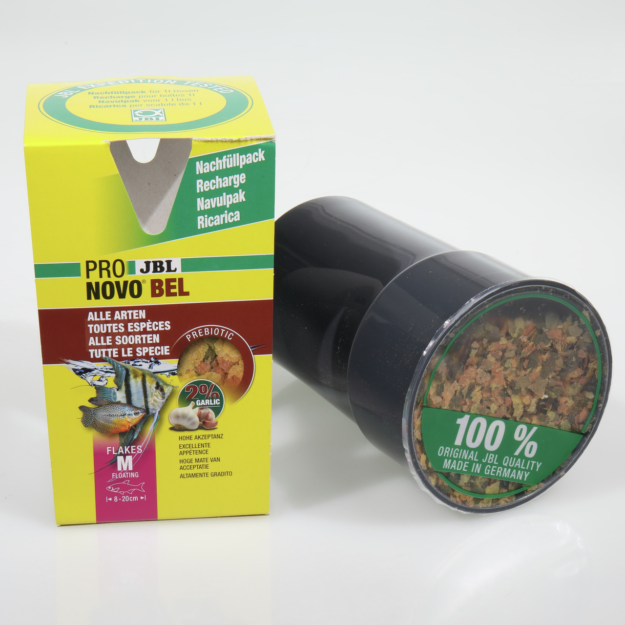 JBL ProNovo Bel Nachfüllpack, Flockenfutter M, für Zierfische (8-20 cm), 20 % Knoblauch, präbiotisch, 1 L, hergestellt in Deutschland.