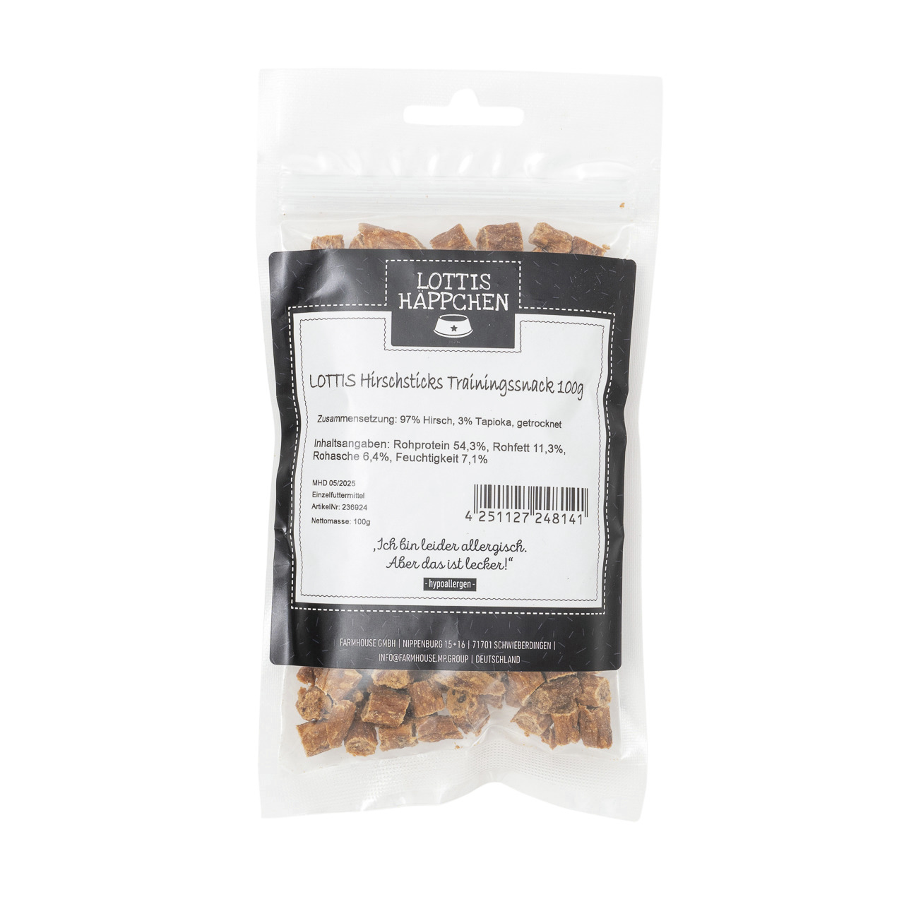 LOTTIS HÄPPCHEN Hirschsticks Trainingssnack für Hunde, hypoallergen, 97 % Hirsch, 3 % Tapioka, 100 g, ideal bei Allergien.