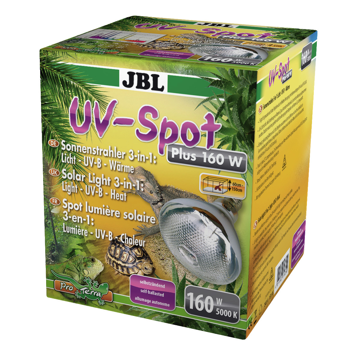 JBL UV-Spot Plus 160 W, Sonnenstrahler für Reptilien, 3-in-1: Licht, UV-B, Wärme, selbstzündend, 160 W, 5000 K, mit Schildkröte.