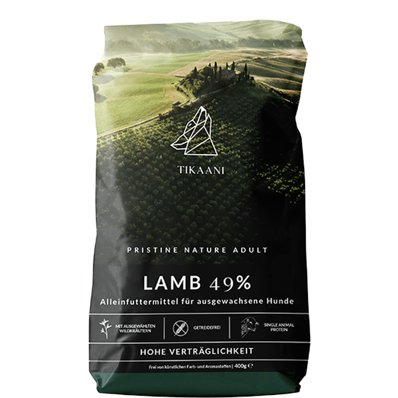 TIKAANI Pristine Nature Adult, 49 % Lamm, getreidefrei, für ausgewachsene Hunde, 400 g, mit Wildkräutern, Single Animal Protein.