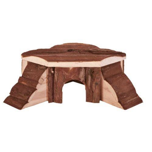 Holzhaus für Kleintiere der Marke TRIXIE, geeignet für Nagetiere wie Hamster oder Mäuse. Das natürliche Design aus unbehandeltem Holz bietet eine gemütliche Rückzugsmöglichkeit. Mit zwei seitlichen Rampen und einem zentralen Eingang. Maße und Details auf 