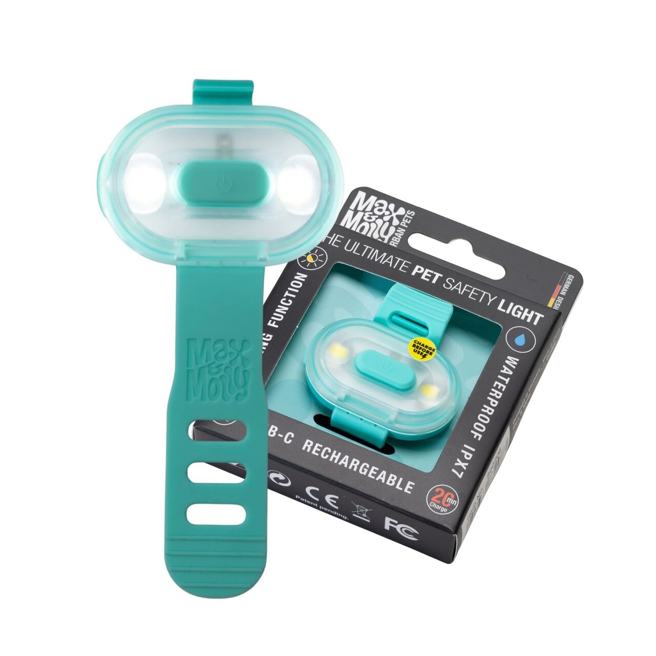 Max & Molly "The Ultimate Pet Safety Light", Türkis, für Haustiere, wasserdicht (IPX7), USB-C, wiederaufladbar, vielseitig, langlebig.