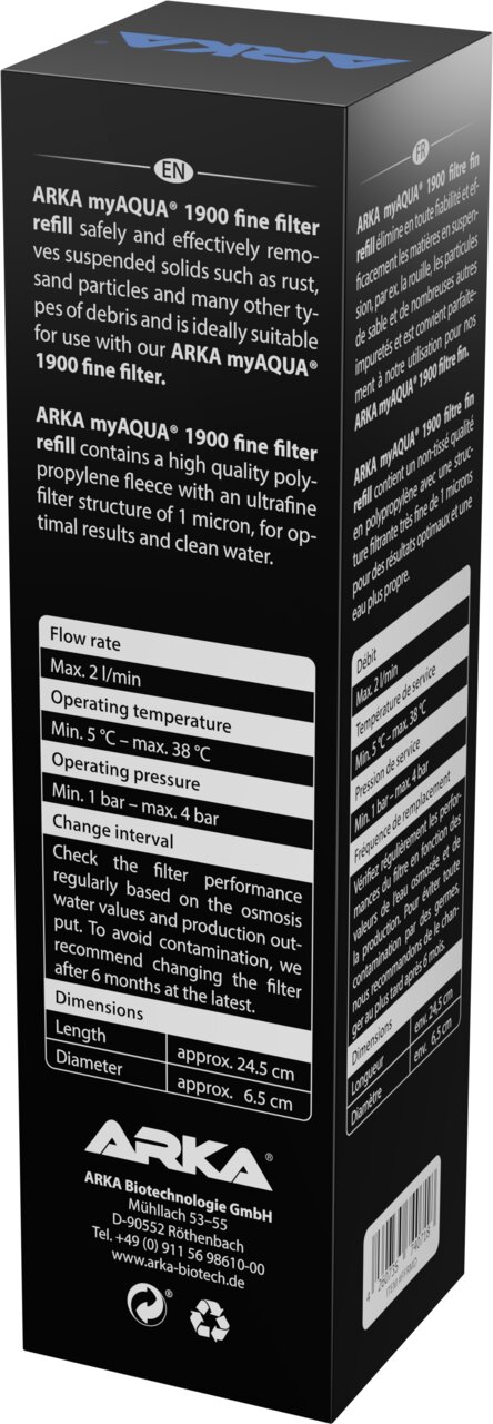 ARKA myAQUA 1900 Fine Filter Refill für Osmoseanlagen, feiner Wasserfiltereinsatz, entfernt Schwebstoffe, Rost und Sand.