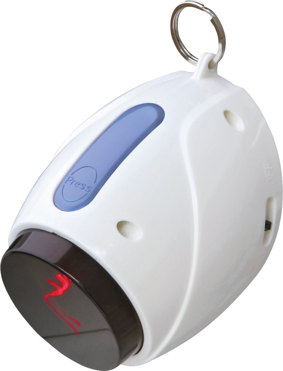 Das Bild zeigt den TRIXIE Trainer Clicker mit integriertem Signalton, ein Trainingsgerät für Hunde. Es ist weiß mit einem schwarzen Knopf und einem roten Symbol, sowie einer blauen Taste zum Auslösen. Der Clicker ist ergonomisch geformt und verfügt über e