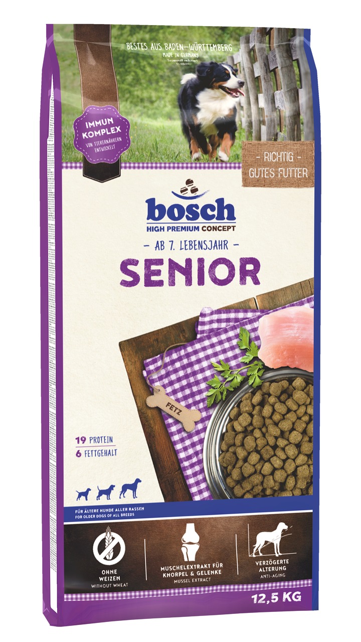bosch High Premium Concept Senior, 12,5 kg, für ältere Hunde (ab 7 J.), weizenfrei, 19 % Protein, 6 % Fett, mit Muschelextrakt.