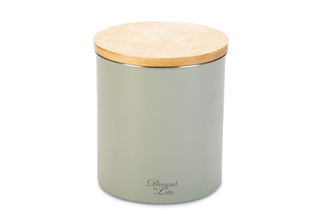 Futterbehälter „Designed by Lotte“, olivgrün, Holzdeckel, für Tierfutter, modernes Design, 2L.