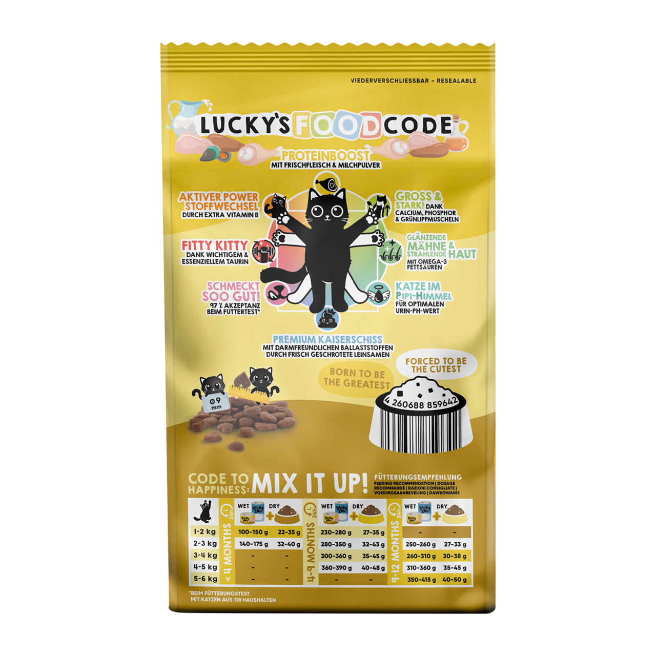 Das Bild zeigt eine gelbe Verpackung des Katzenfutters „Lucky’s Food Code Proteinboost“ der Marke Lucky Lou. Es ist für Katzen geeignet und enthält Frischfleisch und Milchpulver. Die Geschmacksrichtung wird nicht explizit genannt. Auf der Verpackung sind 