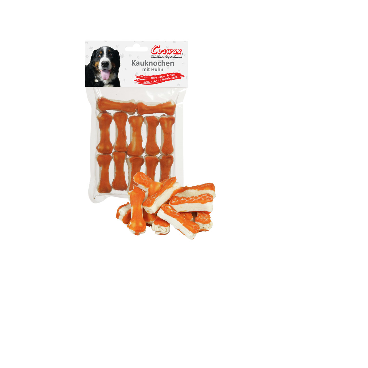Das Bild zeigt eine Verpackung der Marke Corwex mit Kauknöchen für Hunde. Die Kauknöchen sind mit Huhn ummantelt und eignen sich als Snack für Hunde. Auf der Verpackung steht „extra lecker“ und „100 % Huhn im Fleischanteil“. Die Menge beträgt 200 g. Im Vo