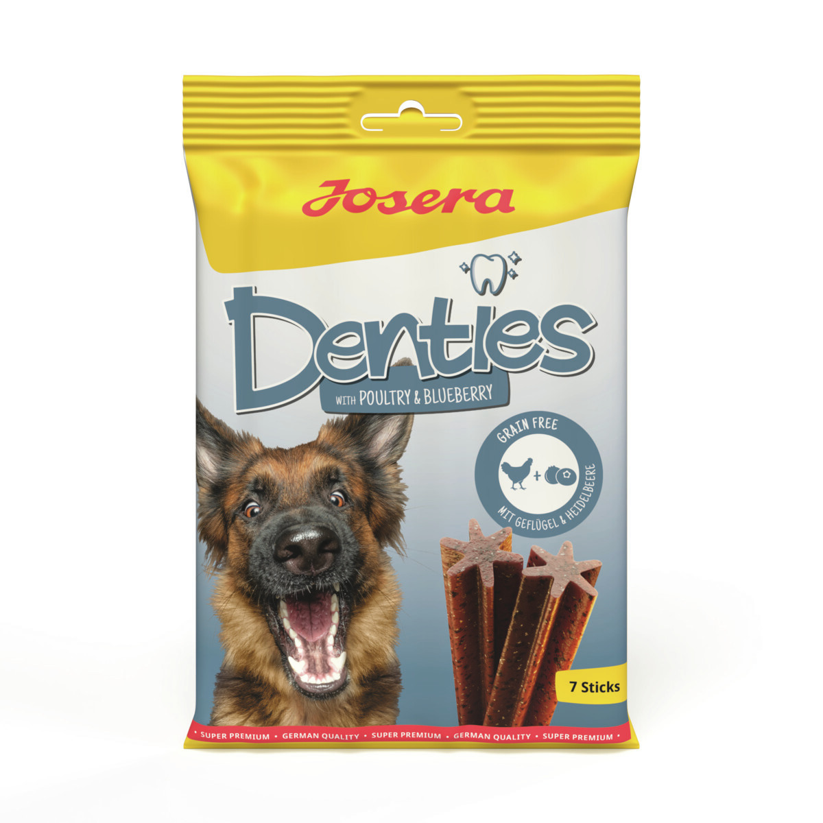 Josera Denties, Zahnpflegesticks für Hunde, Geflügel & Heidelbeere, getreidefrei, 7 Sticks, fröhlicher Hund auf der Verpackung.