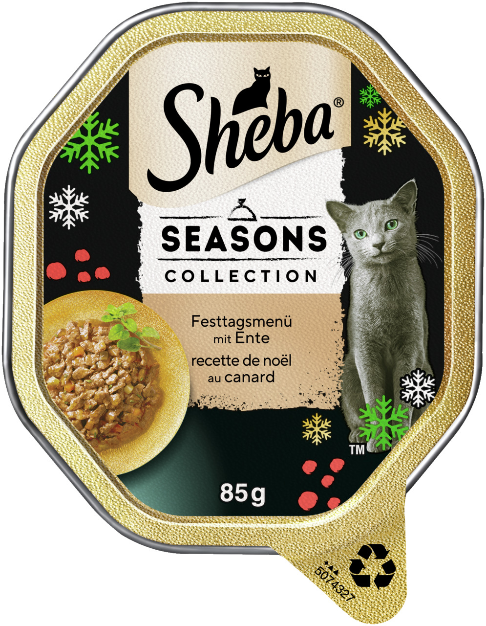 Sheba Seasons Collection Festtagsmenü mit Ente, Nassfutter für ausgewachsene Katzen, 85 g, hochwertige Mahlzeit, festliches Design.