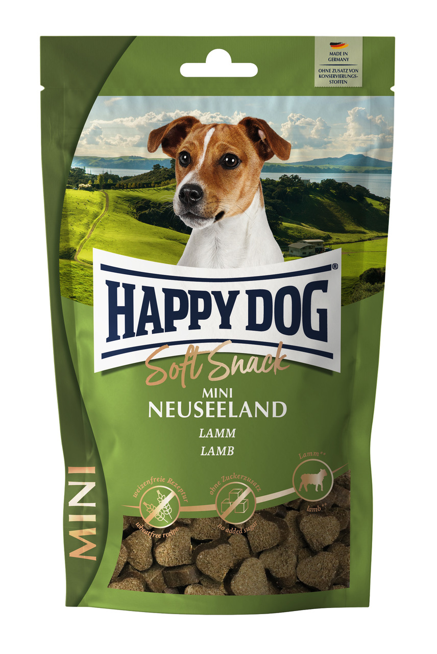 Happy Dog Soft Snack Mini Neuseeland, Hundesnack, Lamm, weizenfrei, ohne Zuckerzusatz-Konservierungsstoffe, 100 g, für kleine Hunde.
