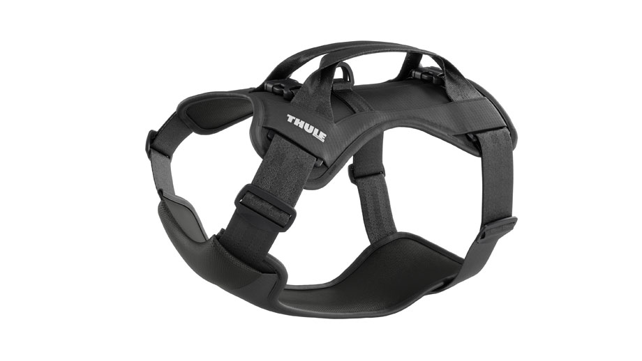 Schwarzes Thule-Hundegeschirr mit verstellbaren Gurten, gepolsterten Bereichen, ergonomischer Form, Griff und sichtbarem Logo für sicheren Transport.