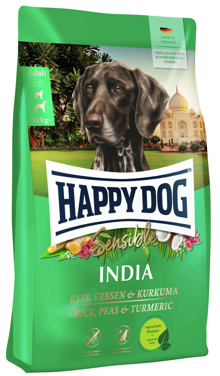 HAPPY DOG Sensible India, Hundefutter, vegetarisch, Reis-Erbsen-Kurkuma, ab 11 kg, ohne Konservierungsstoffe, made in Germany.