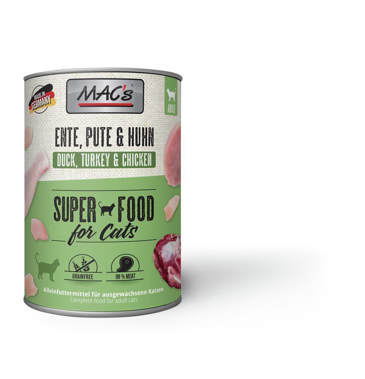 MAC's Katzenfutter Ente, Pute & Huhn, 400 g, getreidefrei, 99 % Fleisch, Alleinfutter für ausgewachsene Katzen.