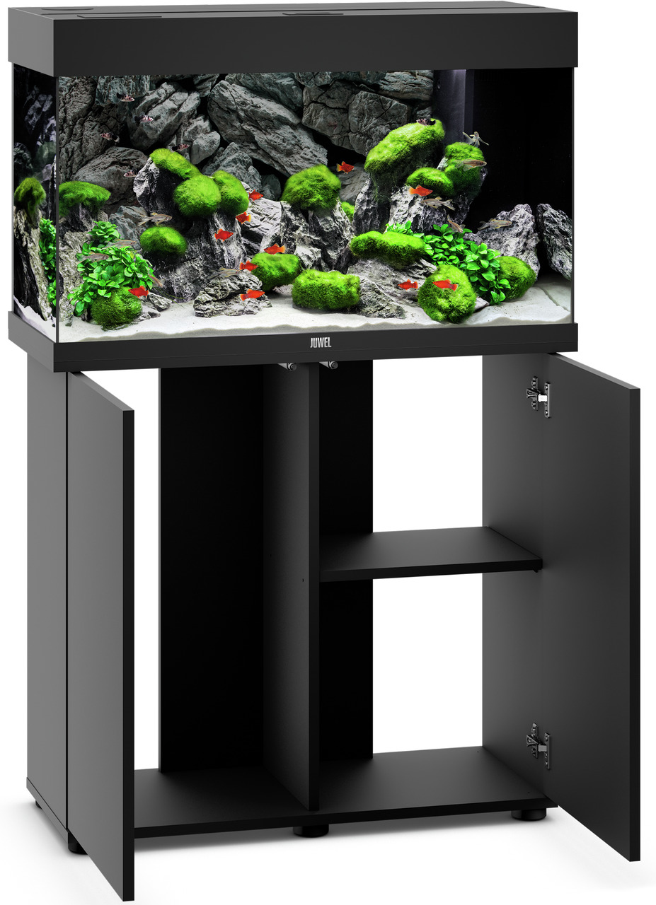 Das Bild zeigt das JUWEL Aquarium Vision 450 mit passendem Unterschrank in Schwarz. Das Aquarium ist für Aquaristik-Enthusiasten geeignet und bietet eine großzügige Kapazität von 450 Litern. Es ist mit einer detailreichen Unterwasserlandschaft ausgestatte